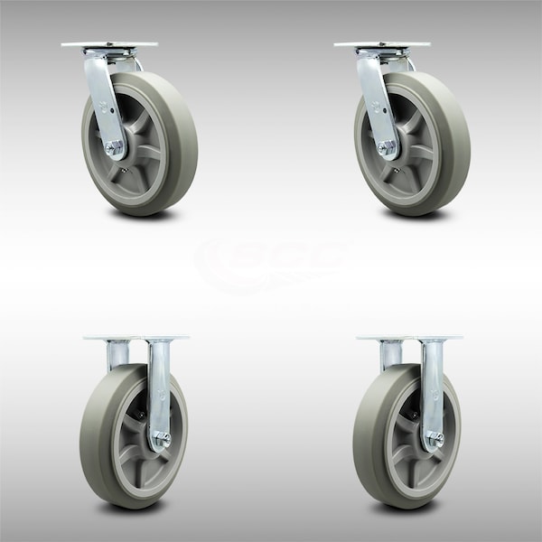8 Inch SS Thermoplastic Rubber Caster Set with Ball Bearing 2 Swivel 2 Rigid SCC